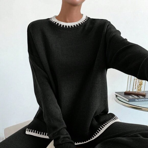 Sweaters - Multicolor Casual Women's Round Neck Drop Shoulder Sweater And Knitted Pants Set